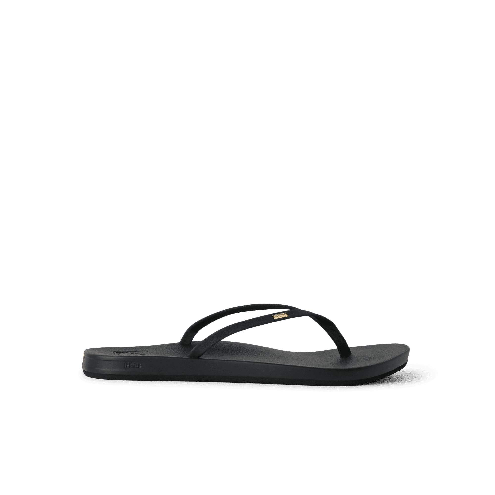 Cushion Slim black flip flop facing left, showing side profile with anatomical arch support and soft cushioning.