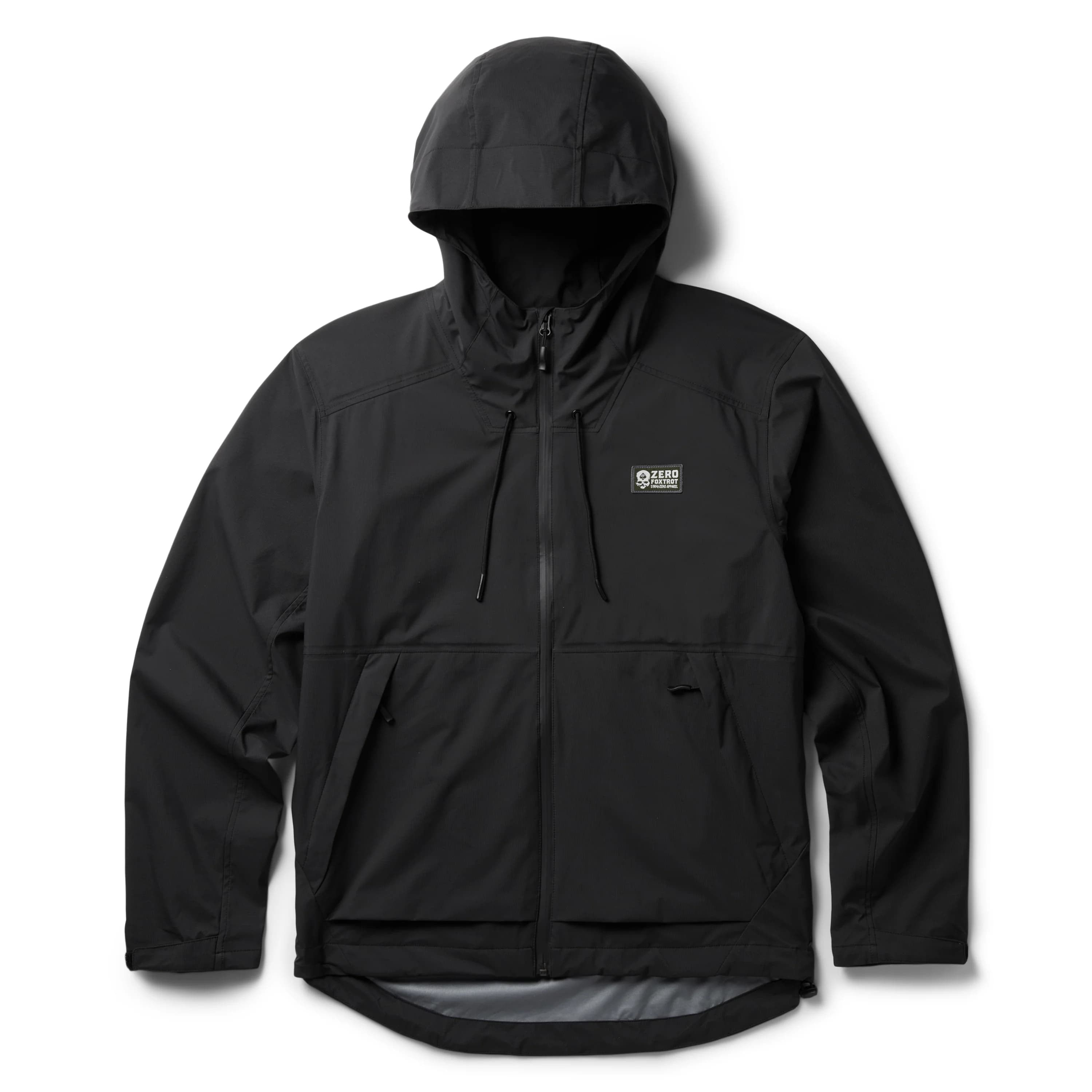 Packable Zero Rain Shell black hooded rain jacket with full zip closure, drawstring hood, zippered pockets, and adjustable cuffs displayed against a white background