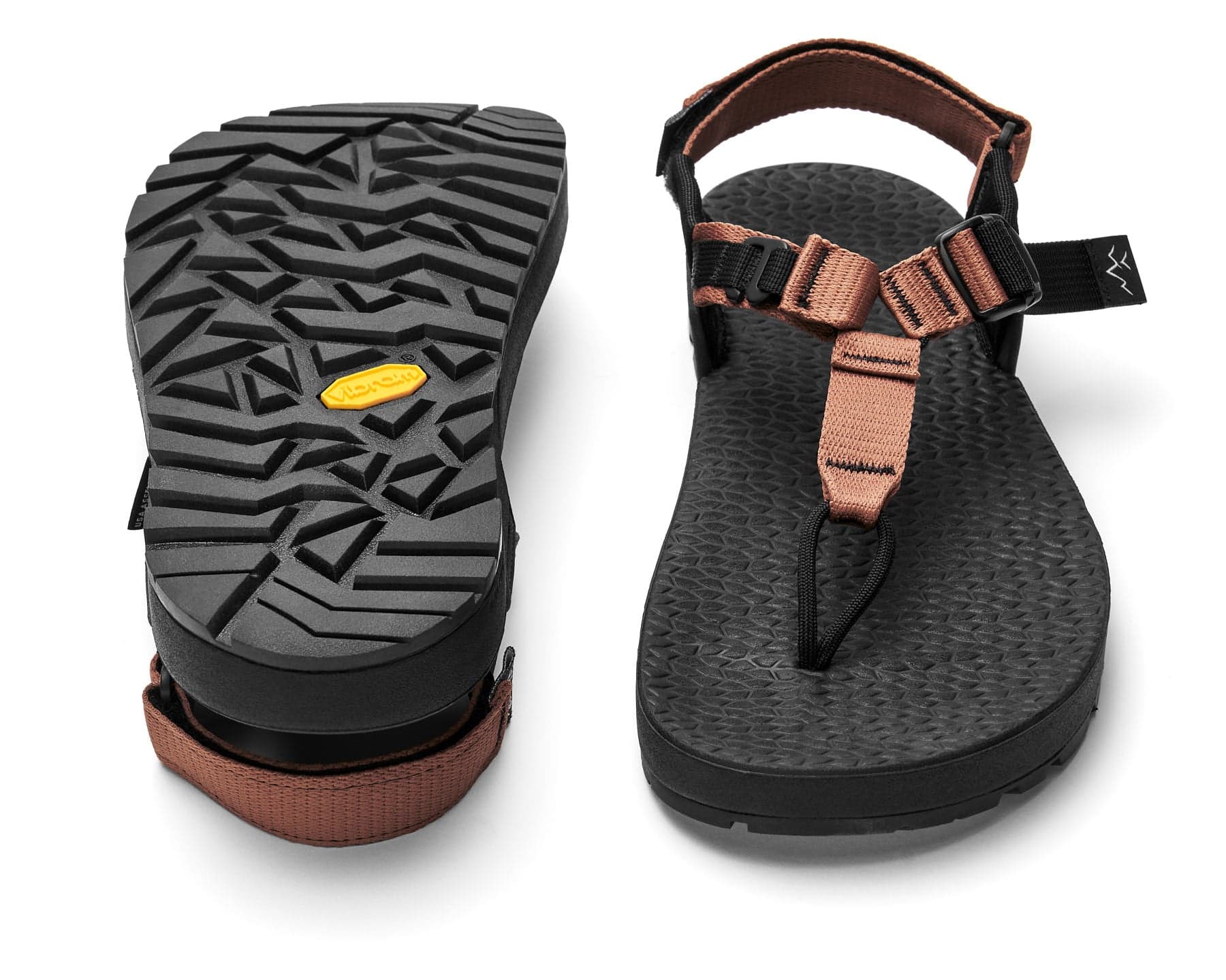 A pair of Cairn Evo C Sandals with clay straps and a black rugged sole, including a detailed view of the Vibram XS Trek EVO outsole.